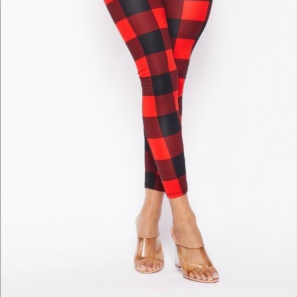 NEW FALL TRENDY RED BLACK PLAID FLANNEL THICK LEGGINGS - Picture 5 of 14